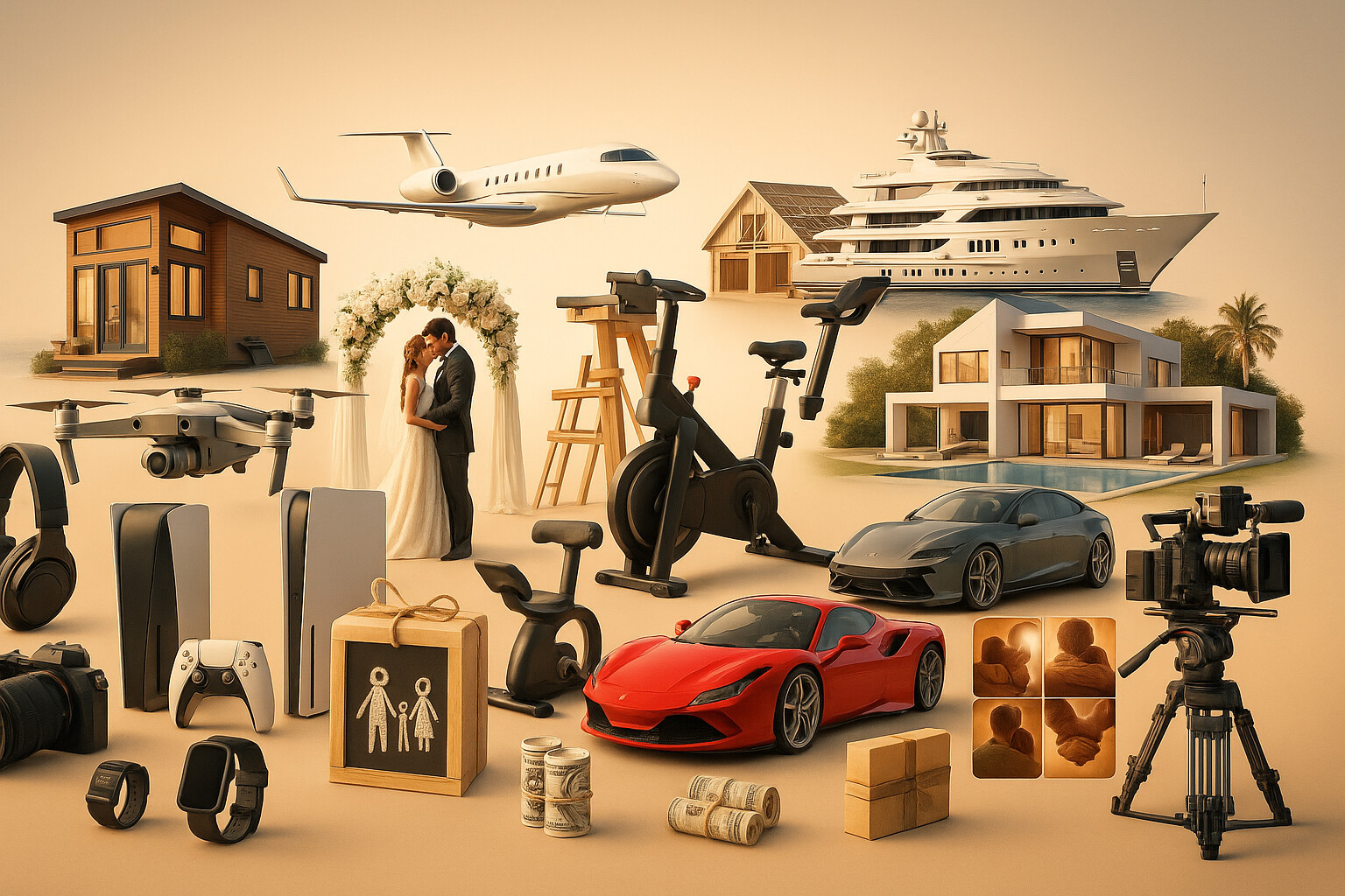 Collage of gifts from small to ultra-luxury